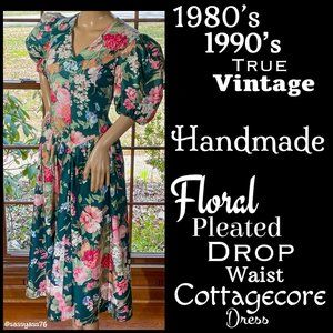 ▪️VTG▪️HANDMADE▪️1980's 1990's Floral Pleated Drop Waist COTTAGECORE Tea Dress